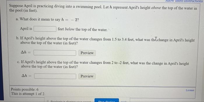 Solved Instructions Suppose April is practicing diving into | Chegg.com