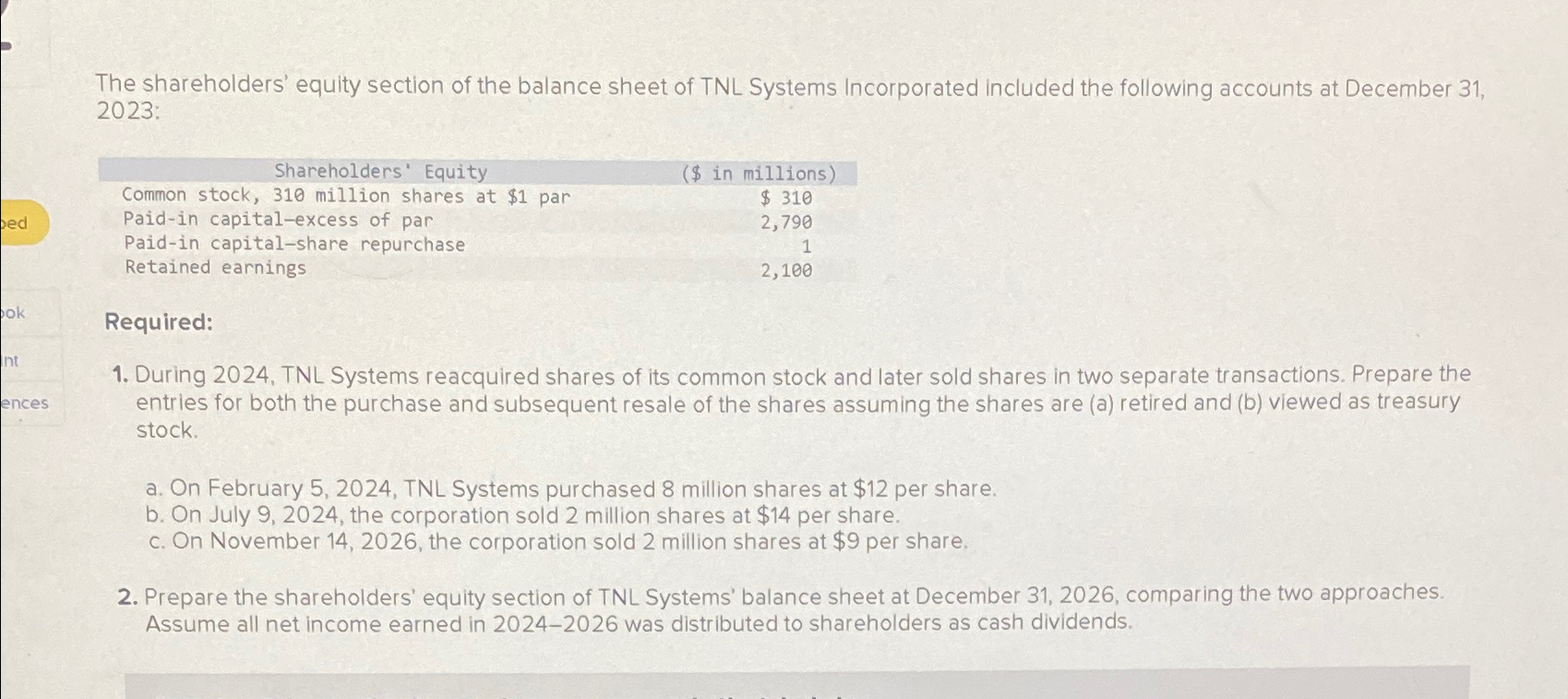 Solved The shareholders' equity section of the balance sheet | Chegg.com