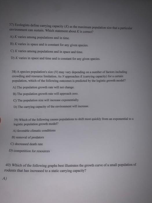 Solved 37 Ecologists Define Carrying Capacity K As The Chegg