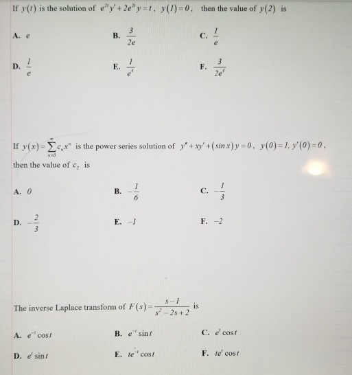 Solved If Y T Is The Solution Of E Y 2e Y 1 Y T 0 Chegg Com