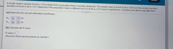 Solved A simple random sample of size na 15 is drawn from a | Chegg.com