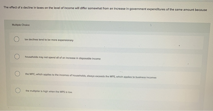 Solved The effect of a decline in taxes on the level of | Chegg.com