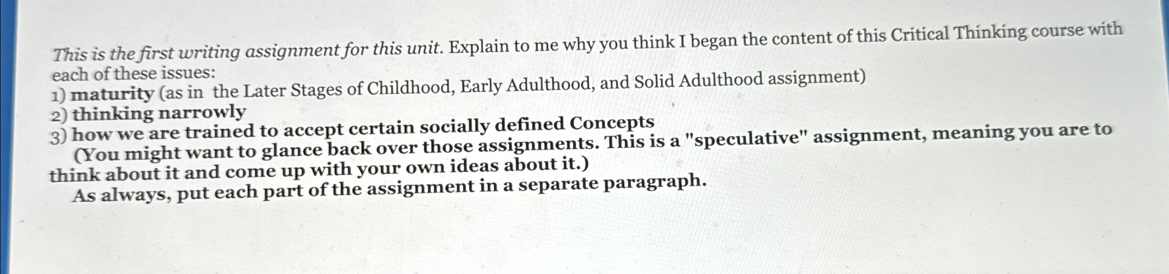 Solved This is the first writing assignment for this unit. | Chegg.com