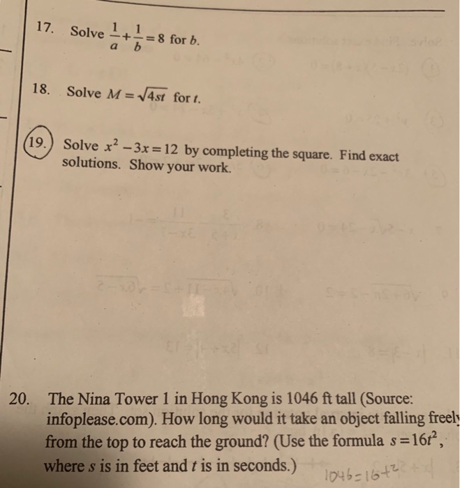 Solved 17. Solve - + = 8 for b. 18. Solve M = 74st for t.