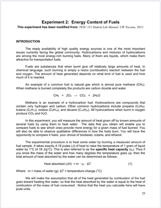 Experiment 2: Energy Content Of Fuels This Experiment | Chegg.com