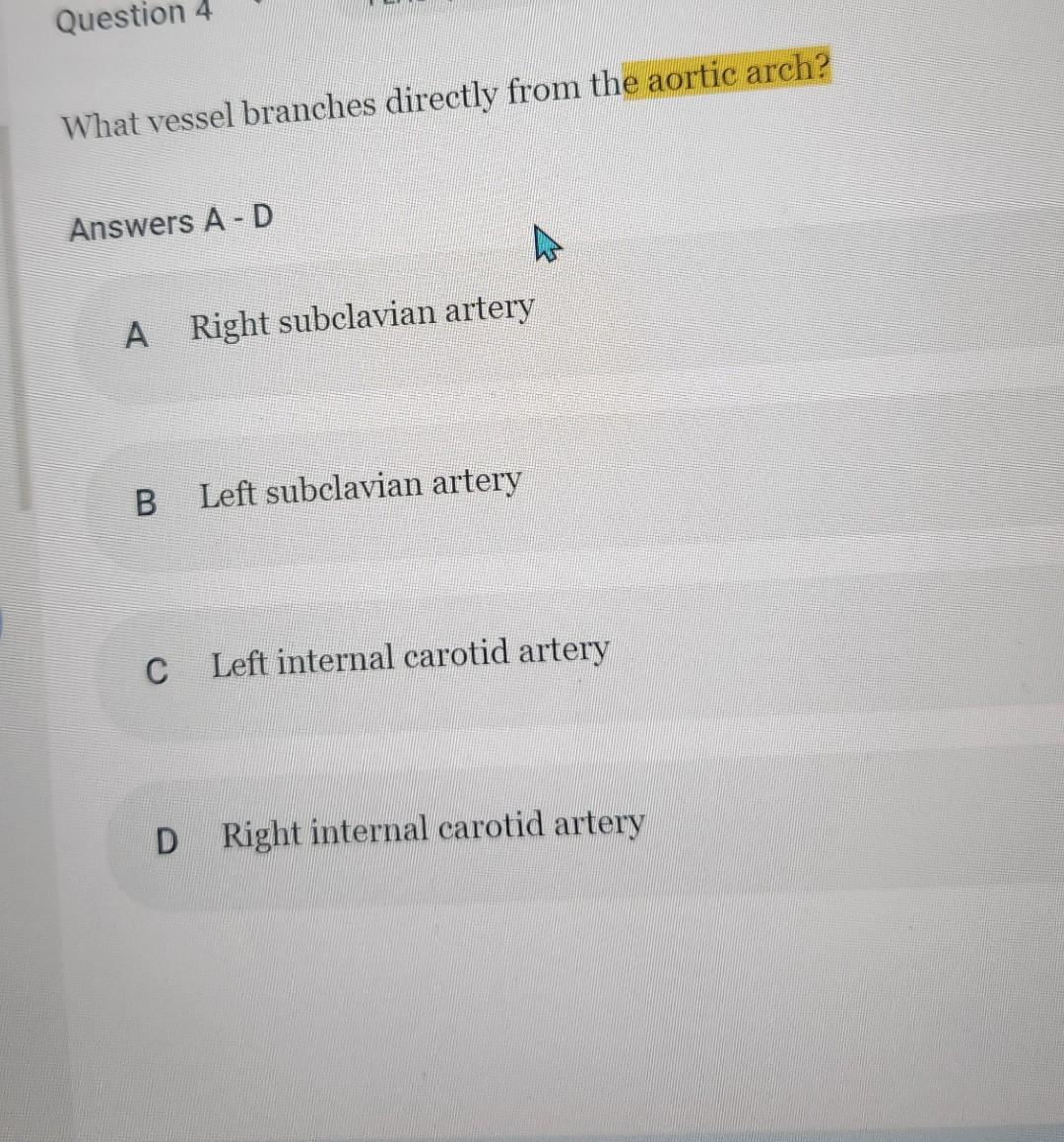A Right subclavian artery
B Left subclavian artery
C Left internal carotid artery
D Right internal carotid artery