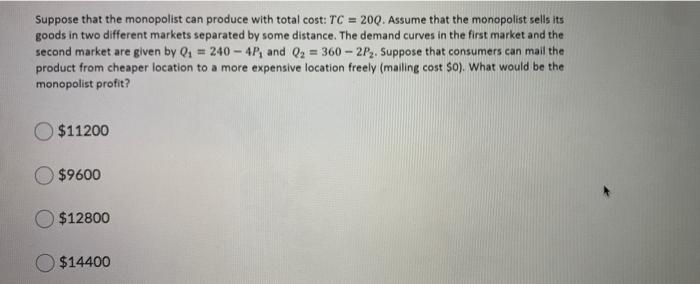 Solved Suppose That The Monopolist Can Produce With Total | Chegg.com