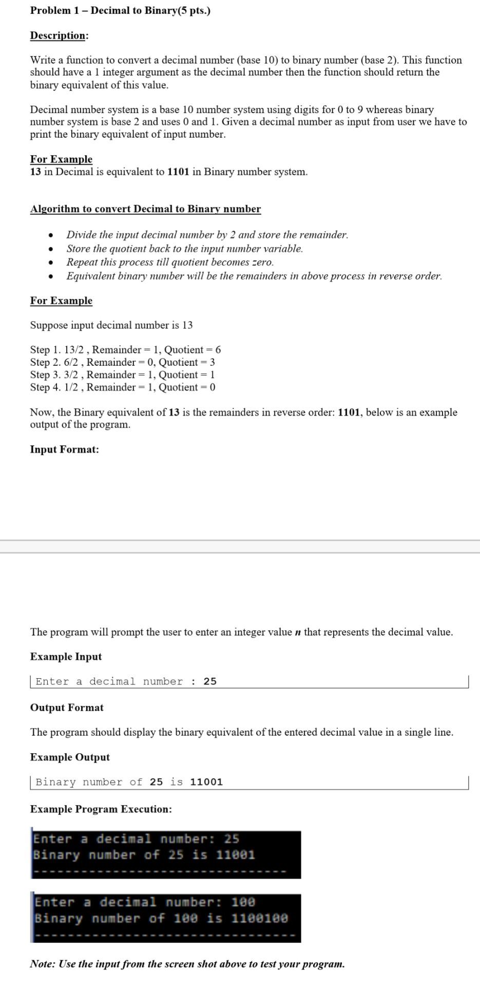 Solved Problem 1 - Decimal to Binary(5 pts.) Description: | Chegg.com