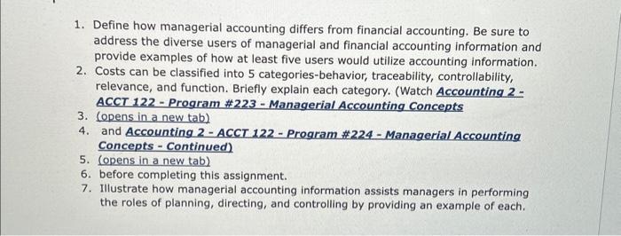 1. Define how managerial accounting differs from | Chegg.com