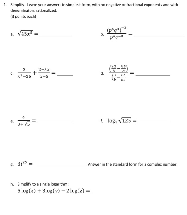 Solved 1. Simplify. Leave your answers in simplest form, | Chegg.com