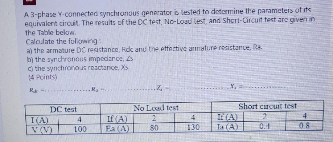 Solved A 3-phase Y-connected synchronous generator is tested | Chegg.com