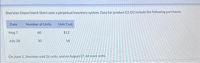 Sheridan Department Store uses a perpetual inventory system. Data for product E2-D2 include the following purchases.
On June