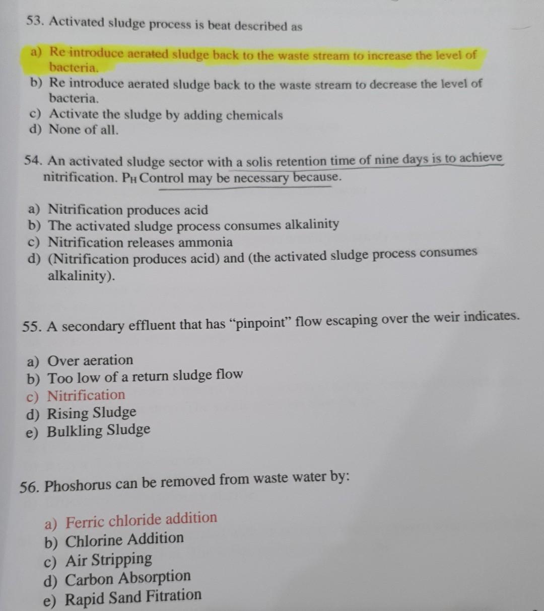 Solved 53. Activated Sludge Process Is Beat Described As A) | Chegg.com