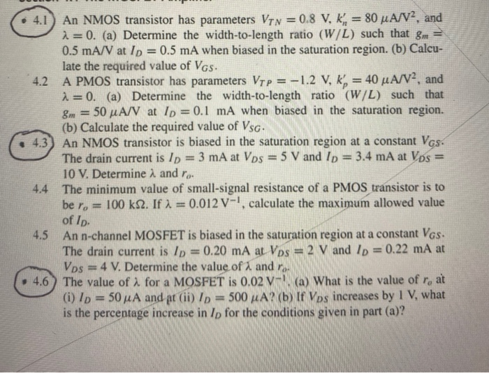 Solved 4.2 • 4.1 An NMOS transistor has parameters Vrn = 0.8 | Chegg.com