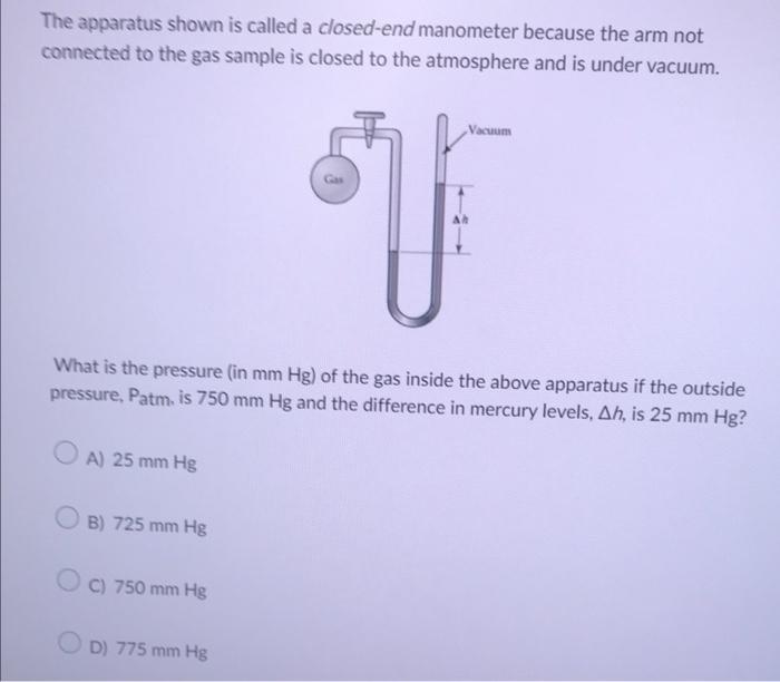 Solved The apparatus shown is called a closedend manometer
