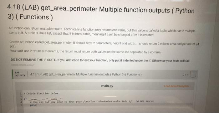 Solved 4.18 (LAB) get_area_perimeter Multiple function | Chegg.com