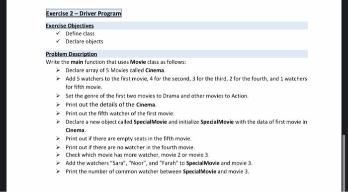 Solved Exercise 1 - Movie Class Exercise Objectives Define | Chegg.com