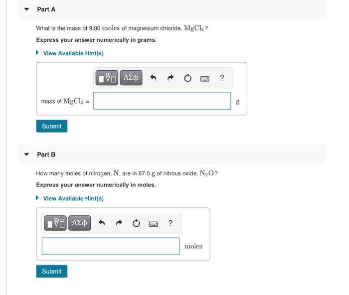 Solved Part A What Is The Mass Of 9.00 Moles Of Magnesium 