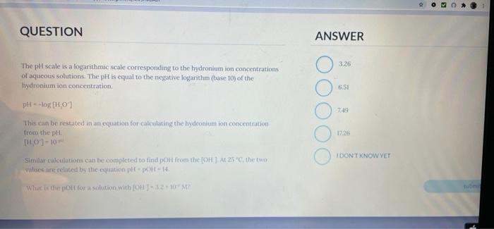 Solved o QUESTION ANSWER 3.26 The pH scale is a logarithmic | Chegg.com
