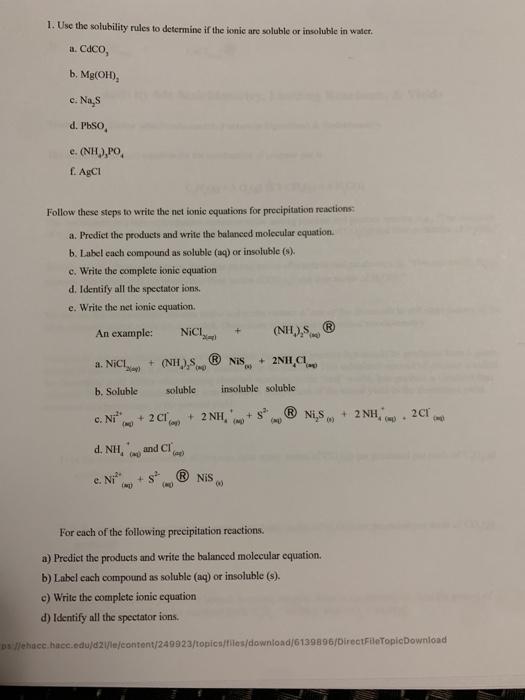 Solved 1. Use the solubility rules to determine if the ionic | Chegg.com