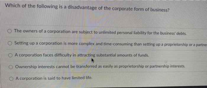 Solved Which Of The Following Is A Disadvantage Of The Chegg