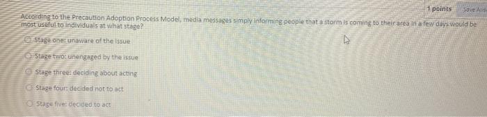 1 points Sve All According to the Precaution Adoption Process Model, media messages simply informing people that a storm is c