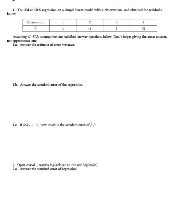 Solved 1. You did an OLS regression on a simple linear model | Chegg.com