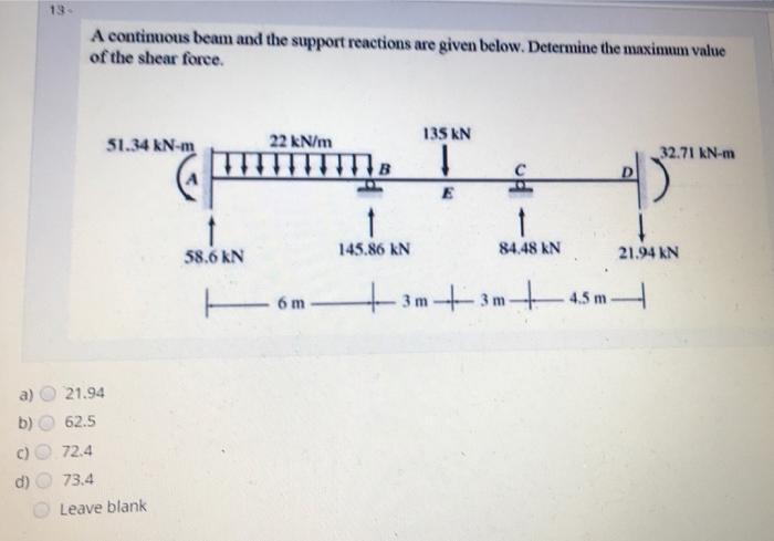 Solved 13 A Continuous Beam And The Support Reactions Are | Chegg.com