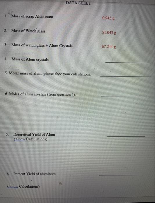 Solved Chem 1010 Lab Yield of aluminum Many waste