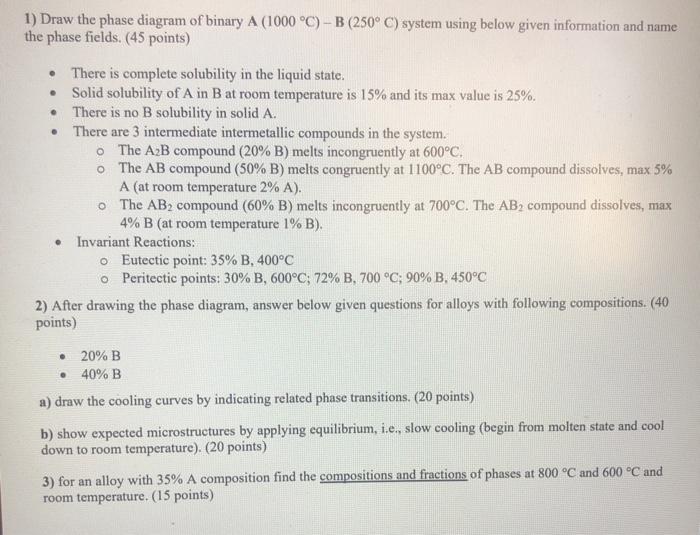 1) Draw the phase diagram of binary A (1000 °C) -B | Chegg.com