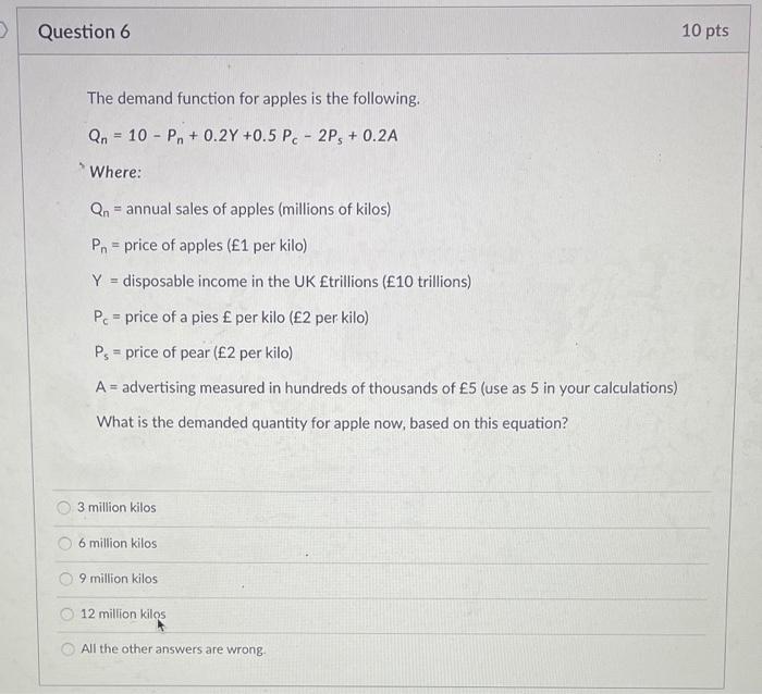 Solved > Question 6 10 pts The demand function for apples is | Chegg.com