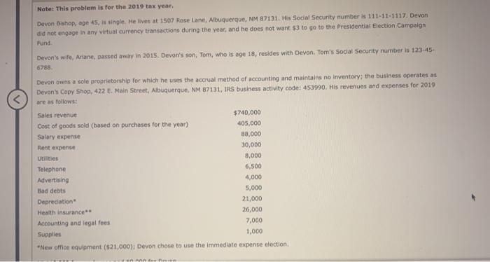 Notet This Problem Is For The 2019 Tax Year Devon Chegg 