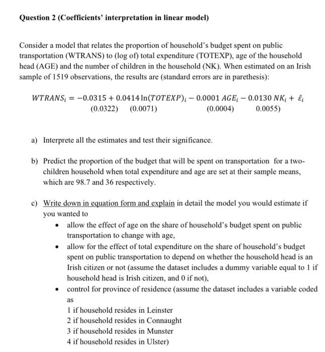 Solved Question 2 (Coefficients' Interpretation In Linear | Chegg.com