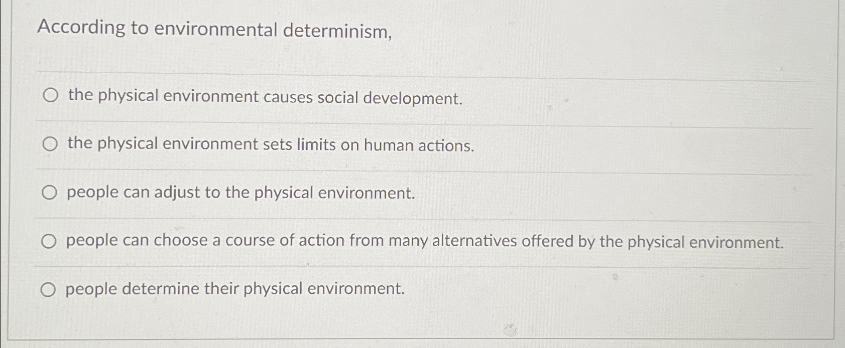 Solved According to environmental determinism,the physical | Chegg.com