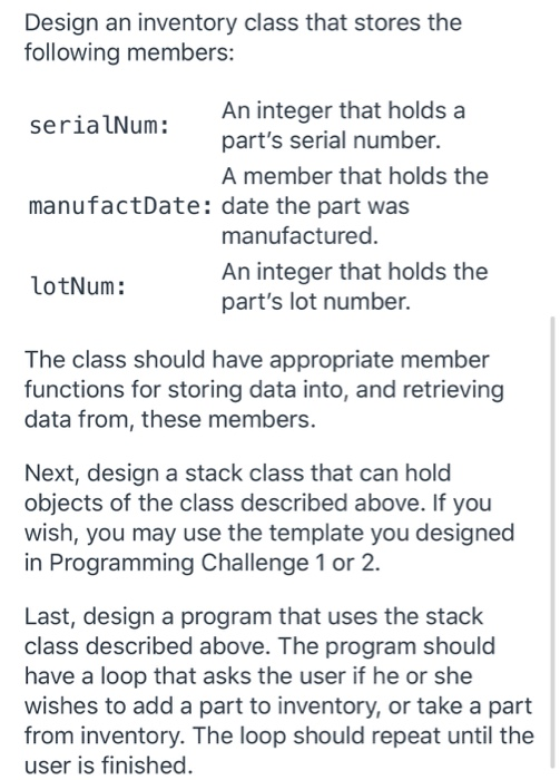 Solved Design an inventory class that stores the following | Chegg.com