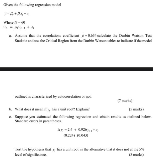 Solved Given The Following Regression Model Y = B. + B,x+u, | Chegg.com