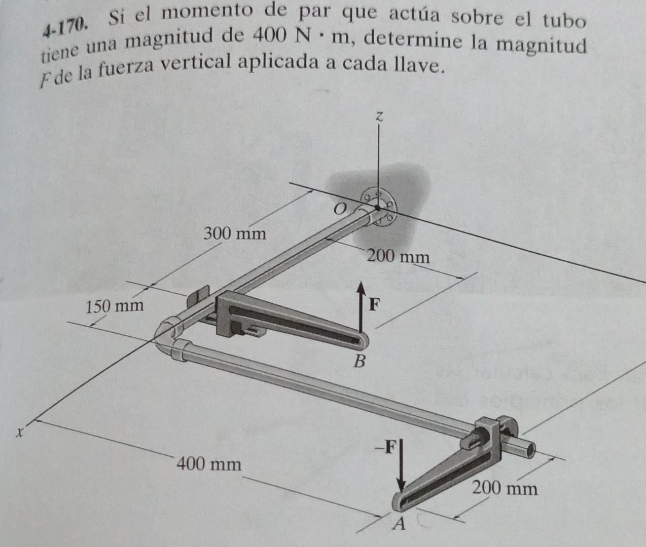 X • 4-170. Si el momento de par que actúa sobre el tubo tiene una magnitud de 400 Nm, determine la magnitud F de la fuerza ve