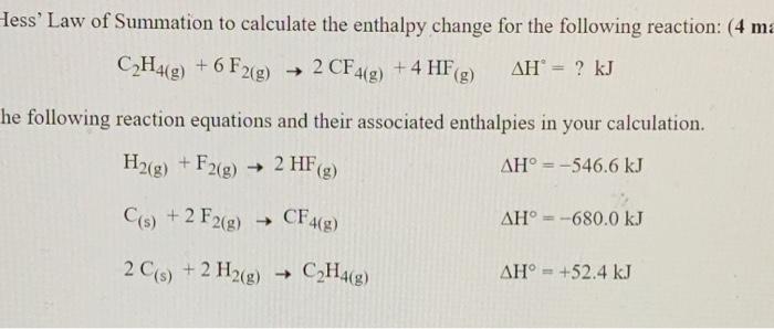 Solved Hess Law of Summation to calculate the enthalpy Chegg