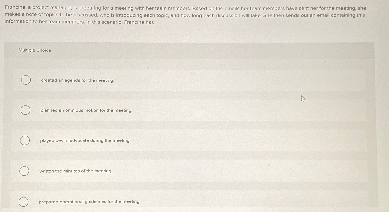 Solved Francine, a project manager, is preparing for a | Chegg.com
