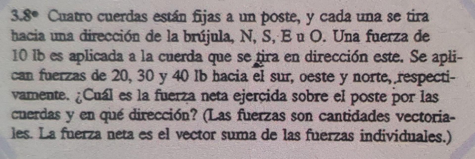 3.80 Cuatro cuerdas están fijas a un poste, y cada una se tira hacia una dirección de la brújula, N, S, E u O. Una fuerza de