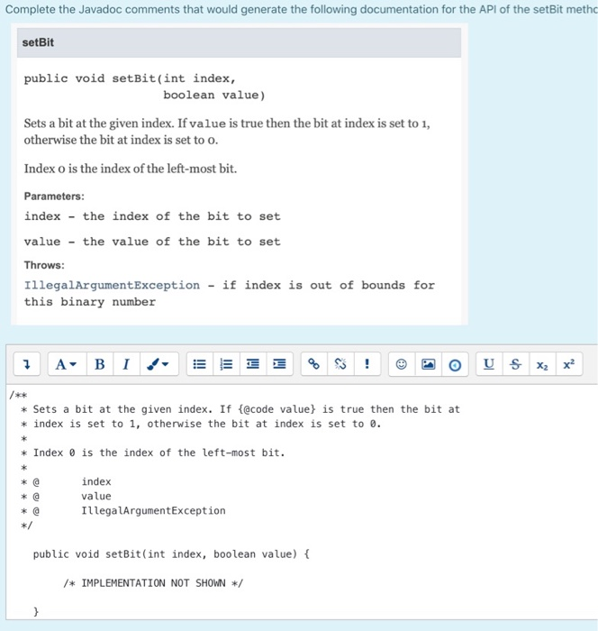 Solved Complete the Javadoc comments that would generate the | Chegg.com