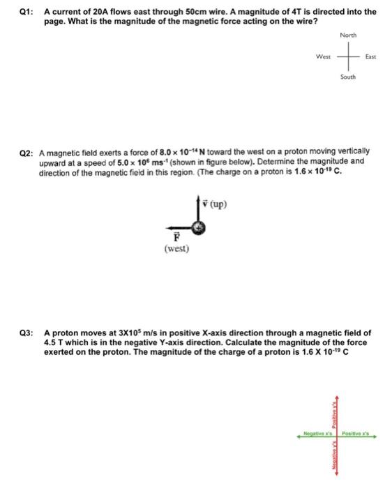 Solved Q1: A current of 20A flows east through 50cm wire. A | Chegg.com