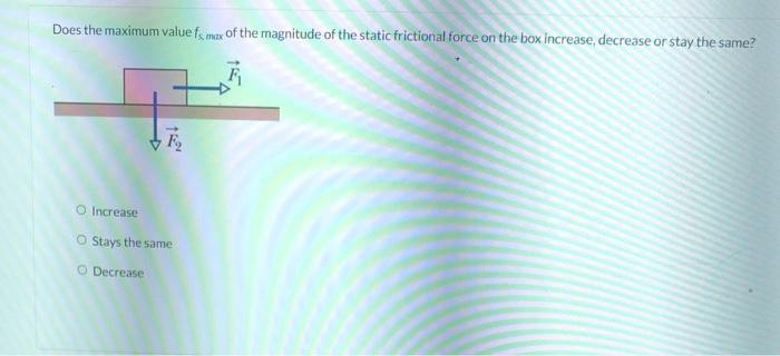 Does the maximum value \( f_{s \max } \) of the magnitude of the static frictional force on the box increase, decrease or sta