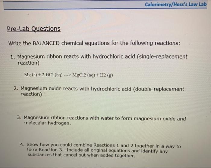 Solved Calorimetry/Hess's Law Lab PreLab Questions Write