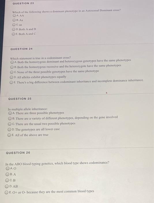 Solved QUESTION 23 Which of the following shows a dominant | Chegg.com