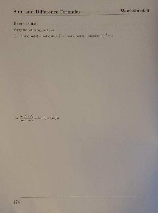 Solved Sum and Difference Formulas Worksheet 9 Exercise 9.8 | Chegg.com