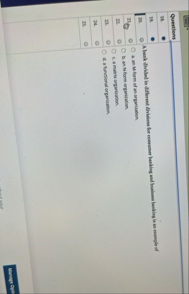 [Solved]: Questions 18. 19. A bank divided in different divi