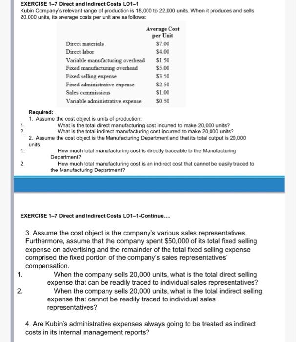 Solved EXERCISE 1-7 Direct and Indirect Costs L01-1 Kubin | Chegg.com