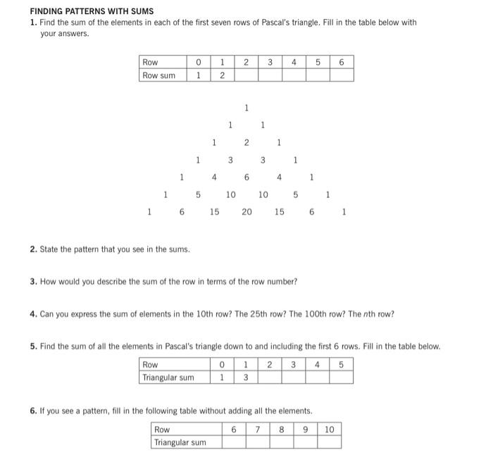 Solved FINDING PATTERNS WITH SUMS 1. Find the sum of the Chegg