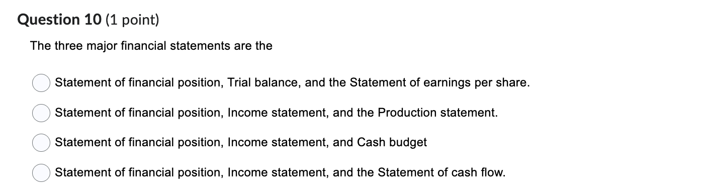 Solved Question 10 (1 ﻿point)The three major financial | Chegg.com